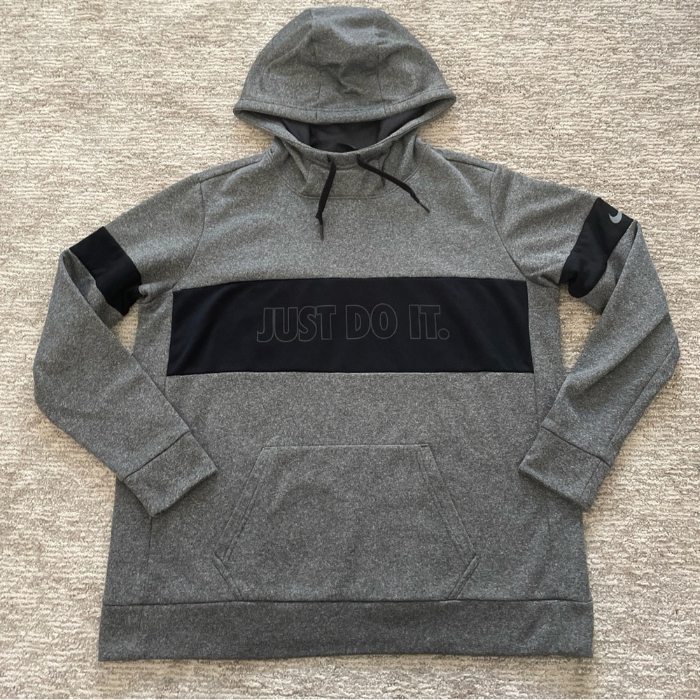 Nike Just Do It Hoodie Sweatshirt Mens Size XL Gray Pullover Activewear Dri-Fit